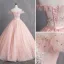 Élégant Perle Rose Robe De Bal 2019 Robe Boule De l'épaule Appliques En Dentelle Fleur Paillettes Noeud Perle Manches Courtes Dos Nu Longue Robe De Ceremonie