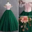 Vintage / Retro Dark Green Prom Dresses 2019 Ball Gown Appliques Lace Off-The-Shoulder Short Sleeve Backless Floor-Length / Long Formal Dresses