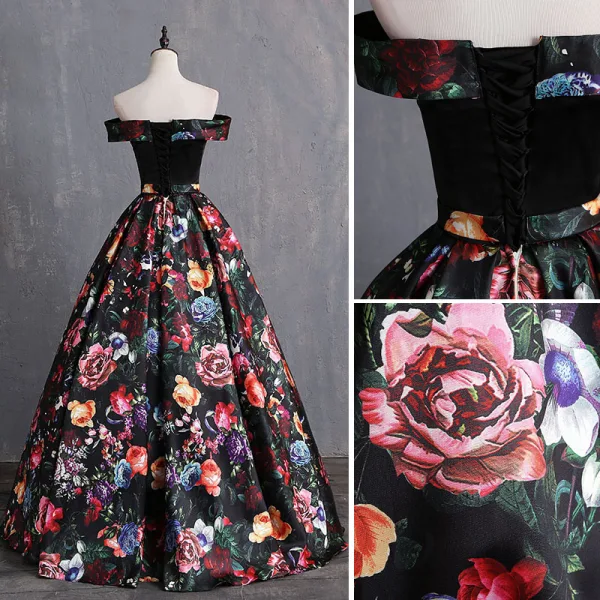 Vintage / Retro Multi-Colors Printing Prom Dresses 2019 Ball Gown Off-The-Shoulder Bow Short Sleeve Backless Floor-Length / Long Formal Dresses