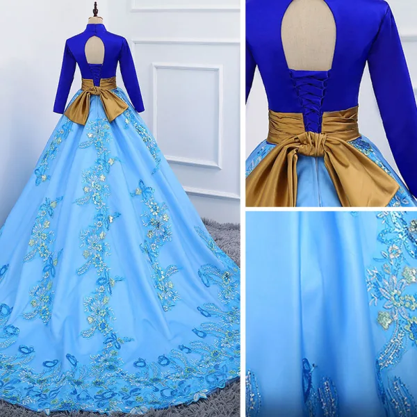 Vintage / Originale Bleu Robe De Bal 2019 Princesse Col Haut En Dentelle Fleur Paillettes Manches Longues Dos Nu Chapel Train Robe De Ceremonie