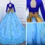 Vintage / Originale Bleu Robe De Bal 2019 Princesse Col Haut En Dentelle Fleur Paillettes Manches Longues Dos Nu Chapel Train Robe De Ceremonie