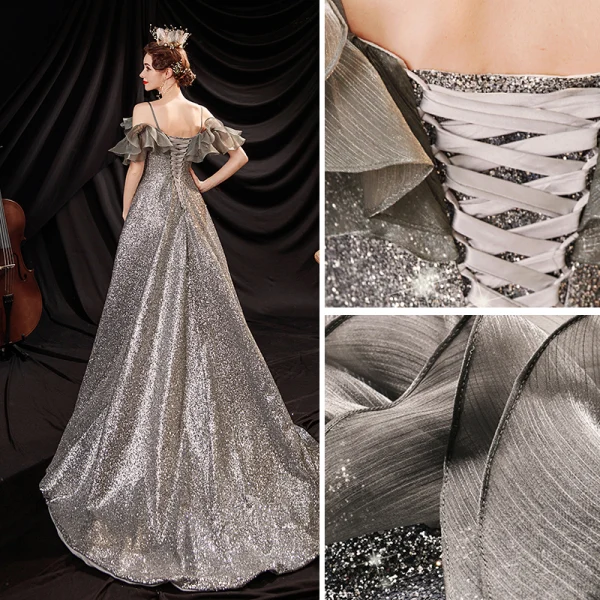 Glitzernden Silber Glanz Pailletten Ballkleider 2021 A Linie Spaghettiträger Spitze Blumen Kurze Ärmel Rückenfreies Sweep / Pinsel Zug Festliche Kleider