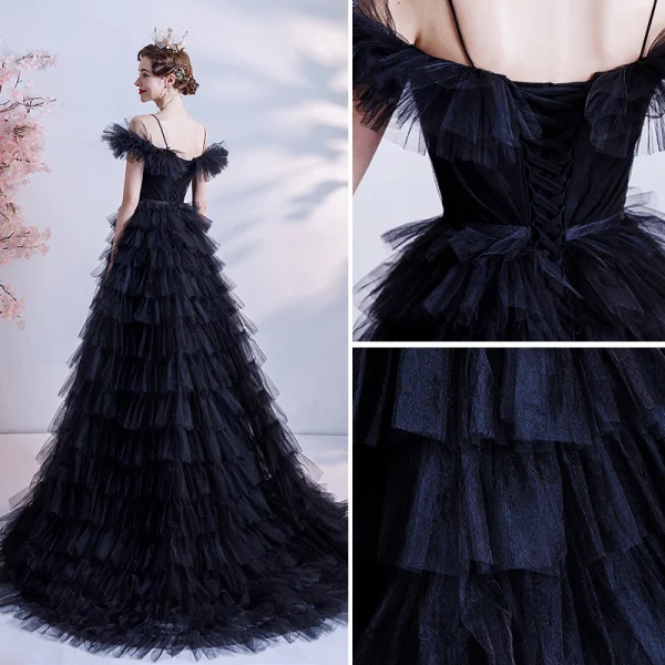 Chic / Beautiful Black Ruffle Prom Dresses 2021 A-Line / Princess Spaghetti Straps Short Sleeve Backless Sweep Train Formal Dresses