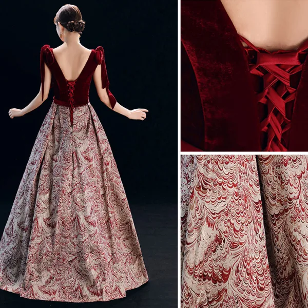 Elegant Burgundy Evening Dresses 2019 A-Line / Princess Square Neckline Suede Sleeveless Backless Printing Floor-Length / Long Formal Dresses