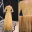 Chic / Beautiful Gold Evening Dresses  2019 A-Line / Princess Scoop Neck Beading Pearl Lace Flower Rhinestone 3/4 Sleeve Backless Floor-Length / Long Formal Dresses