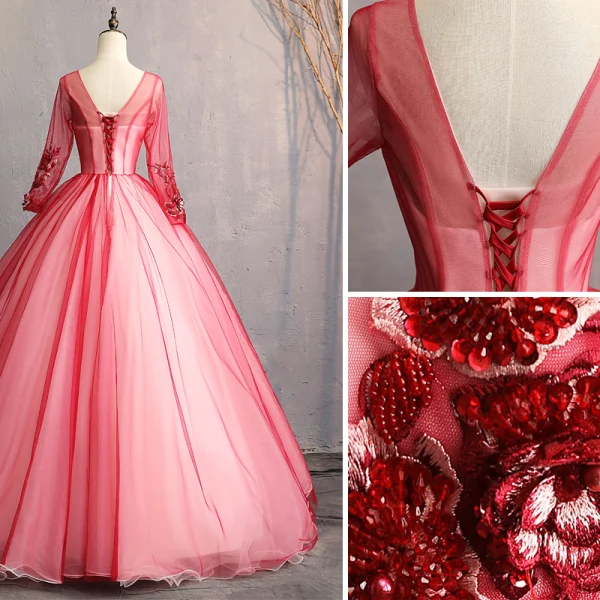 Vintage / Retro Burgundy Prom Dresses 2019 A-Line / Princess V-Neck Beading Pearl Crystal Lace Flower Appliques Long Sleeve Backless Floor-Length / Long Formal Dresses