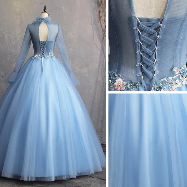 Vintage / Retro Sky Blue 2019 A-Line / Princess Formal Dresses High Neck Beading Pearl Appliques Lace Long Sleeve Backless Floor-Length / Long Prom Dresses