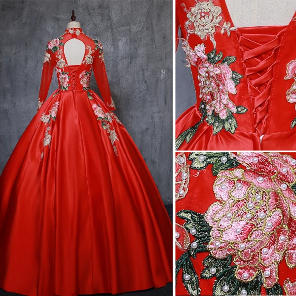 Chinese style Red Prom Dresses 2019 A-Line / Princess High Neck Appliques Lace Pearl 3/4 Sleeve Backless Floor-Length / Long Formal Dresses
