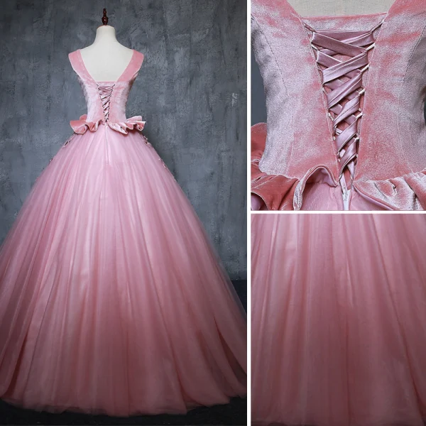Vintage / Retro Candy Pink Prom Dresses 2019 Ball Gown V-Neck Suede Pearl Appliques Sleeveless Backless Floor-Length / Long Formal Dresses