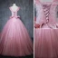 Vintage / Retro Candy Pink Prom Dresses 2019 Ball Gown V-Neck Suede Pearl Appliques Sleeveless Backless Floor-Length / Long Formal Dresses