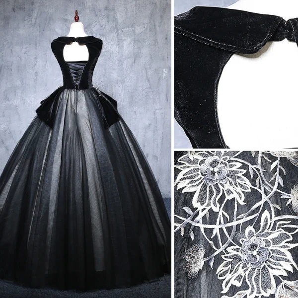 Elegant Black Prom Dresses 2019 Ball Gown V-Neck Suede Appliques Lace Crystal Sleeveless Backless Floor-Length / Long Formal Dresses