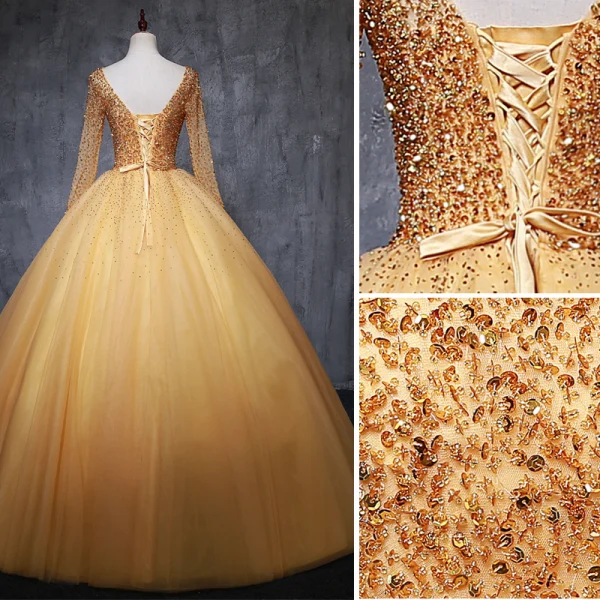 Chic / Belle Doré Robe De Bal 2019 Robe Boule Encolure Dégagée Perlage Cristal Paillettes Manches Longues Dos Nu Noeud Longue Robe De Ceremonie