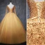 Chic / Belle Doré Robe De Bal 2019 Robe Boule Encolure Dégagée Perlage Cristal Paillettes Manches Longues Dos Nu Noeud Longue Robe De Ceremonie