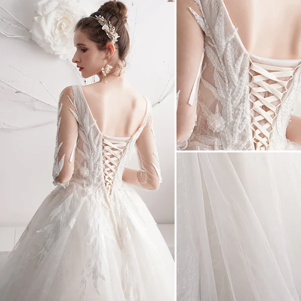 Chic / Beautiful Ivory Wedding Dresses 2019 A-Line / Princess V-Neck Beading Pearl Lace Flower 3/4 Sleeve Backless Floor-Length / Long
