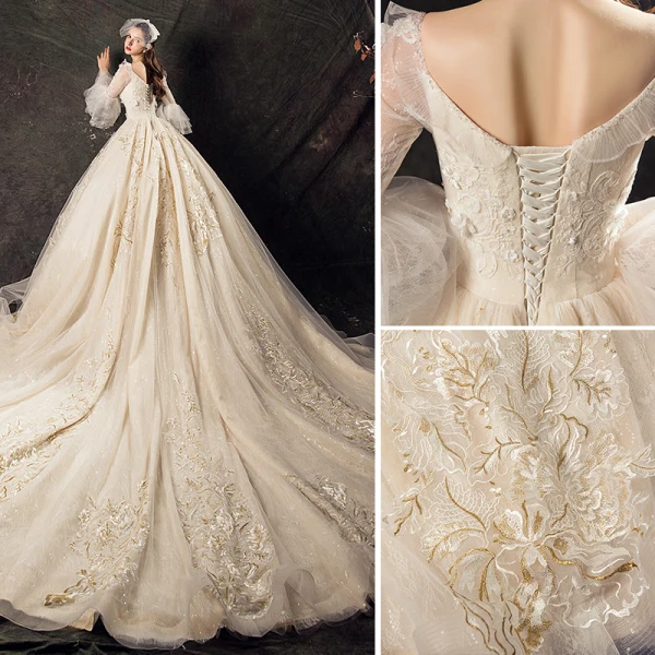 Audrey Hepburn Style Champagne Wedding Dresses 2019 Ball Gown V-Neck Lace Flower Bell sleeves Backless Royal Train