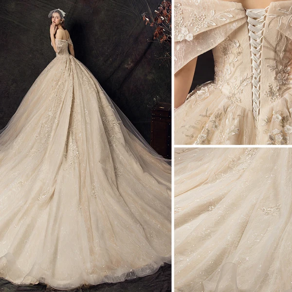 Audrey Hepburn Style Champagne Wedding Dresses 2019 Ball Gown Off-The-Shoulder Lace Flower Sequins Short Sleeve Backless Royal Train