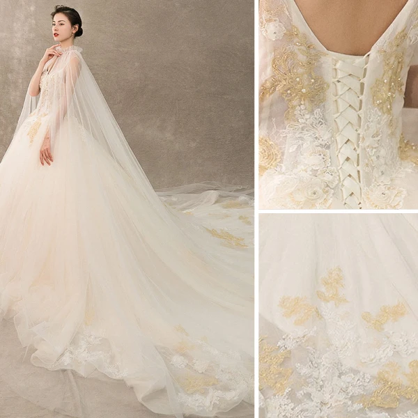 Charming Champagne Wedding Dresses 2019 A-Line / Princess Spaghetti Straps Beading Pearl Lace Flower Sleeveless Backless Royal Train