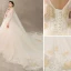 Charming Champagne Wedding Dresses 2019 A-Line / Princess Spaghetti Straps Beading Pearl Lace Flower Sleeveless Backless Royal Train