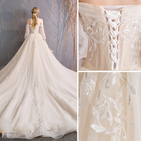 Style Audrey Hepburn Champagne Robe De Mariée 2019 Princesse De l'épaule Perlage Paillettes Perle En Dentelle Fleur 3/4 Manches Dos Nu Royal Train