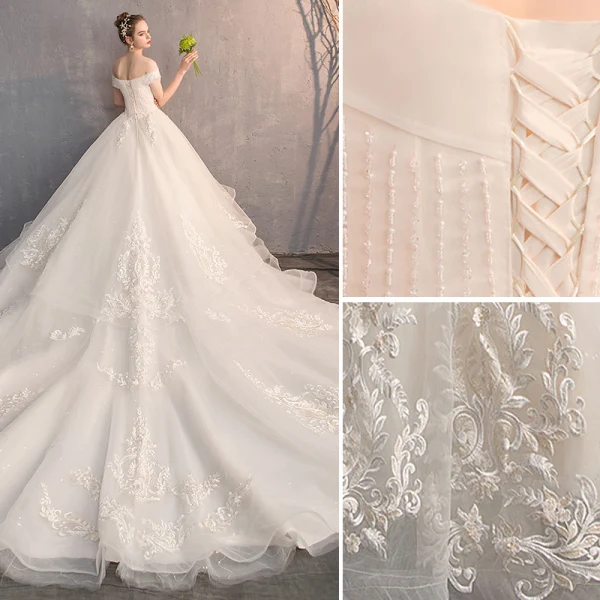 Élégant Champagne Robe De Mariée 2019 Princesse De l'épaule Perlage Perle Cristal Paillettes En Dentelle Fleur Manches Courtes Dos Nu Royal Train