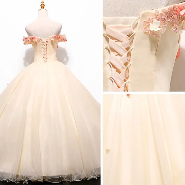Chic / Beautiful Champagne Prom Dresses 2019 Ball Gown Off-The-Shoulder Lace Flower Appliques Short Sleeve Backless Floor-Length / Long Formal Dresses