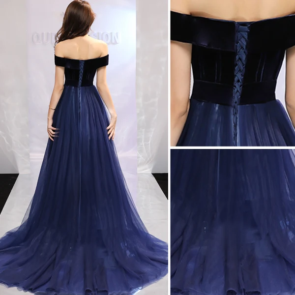 Schlicht Marineblau Abendkleider 2019 A Linie Off Shoulder Wildleder Kurze Ärmel Rückenfreies Sweep / Pinsel Zug Festliche Kleider