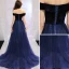 Schlicht Marineblau Abendkleider 2019 A Linie Off Shoulder Wildleder Kurze Ärmel Rückenfreies Sweep / Pinsel Zug Festliche Kleider