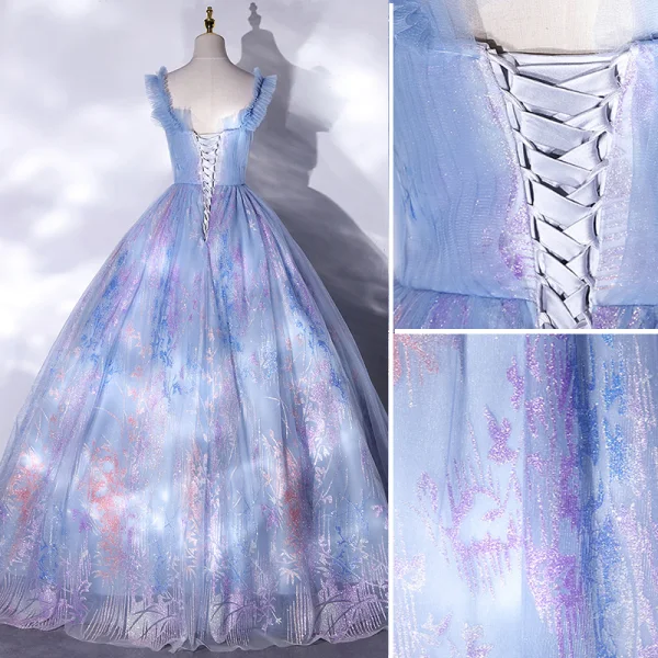 Elegant Sky Blue Glitter Prom Dresses 2021 Ball Gown Ruffle Square Neckline Sleeveless Backless Floor-Length / Long Formal Dresses