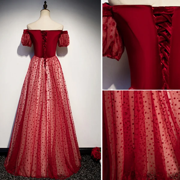 Chic / Belle Bordeaux Robe De Soirée 2019 Princesse De l'épaule Tachetée Manches Courtes Dos Nu Longue Robe De Ceremonie