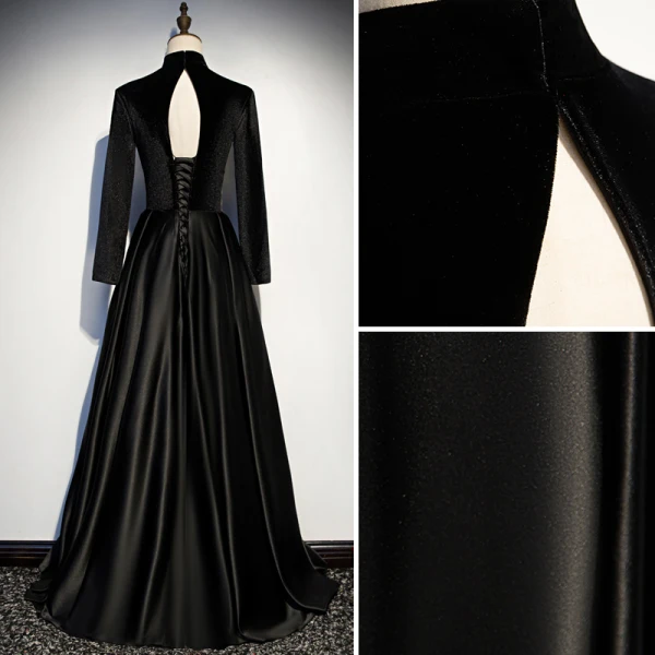 Vintage / Retro Black Evening Dresses 2019 A-Line / Princess High Neck Suede Bow Long Sleeve Backless Floor-Length / Long Formal Dresses