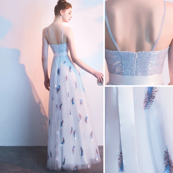 Eleganckie Srebrny Sukienki Wieczorowe 2019 Princessa Spaghetti Pasy Z Koronki Kwiat Cekiny Kokarda Bez Rękawów Bez Pleców Sukienki Wizytowe