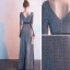 Élégant Gris Robe De Soirée 2019 Empire V-Cou Glitter Polyester Ceinture 1/2 Manches Dos Nu Longue Robe De Ceremonie