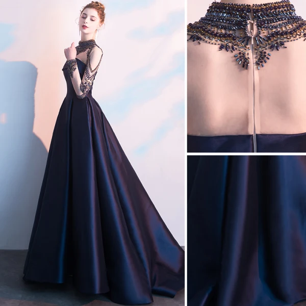 Vintage / Retro Navy Blue Evening Dresses  2019 A-Line / Princess High Neck Beading Crystal Long Sleeve Floor-Length / Long Formal Dresses