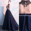 Vintage / Retro Navy Blue Evening Dresses  2019 A-Line / Princess High Neck Beading Crystal Long Sleeve Floor-Length / Long Formal Dresses