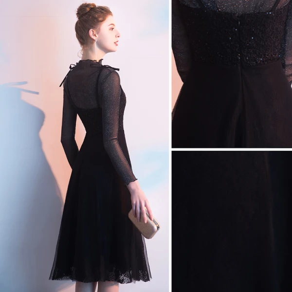 Chic / Beautiful Black Homecoming Graduation Dresses 2019 A-Line / Princess Scoop Neck Glitter Tulle Lace Bow Long Sleeve Tea-length Formal Dresses