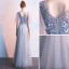 Chic / Beautiful Grey Evening Dresses  2019 A-Line / Princess V-Neck Appliques Pearl Lace Flower Short Sleeve Backless Floor-Length / Long Formal Dresses