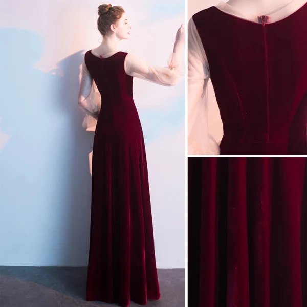 Chic / Beautiful Burgundy Evening Dresses  2019 A-Line / Princess V-Neck Long Sleeve Floor-Length / Long Formal Dresses