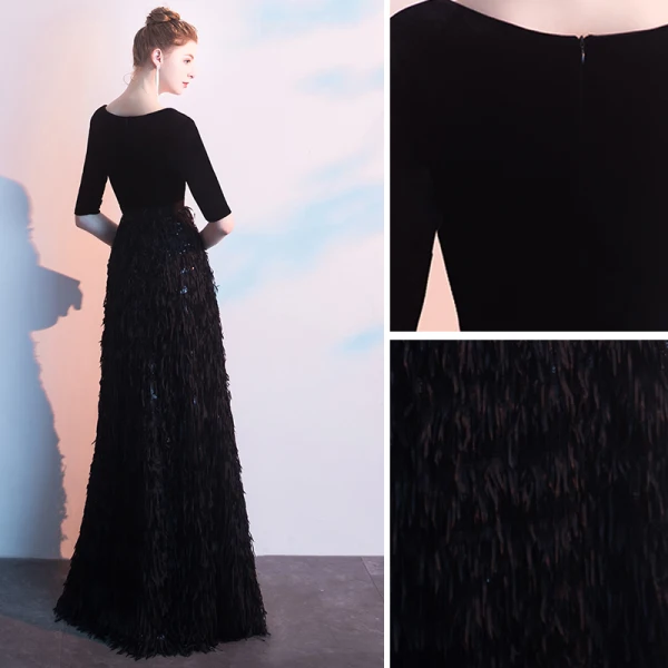 Charming Black Evening Dresses 2019 A-Line / Princess Deep V-Neck Suede Tassel Sash 1/2 Sleeves Floor-Length / Long Formal Dresses