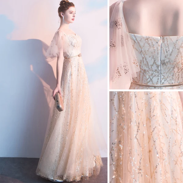 Charming Champagne Evening Dresses  2019 A-Line / Princess Square Neckline Sequins Sash Short Sleeve Backless Floor-Length / Long Formal Dresses