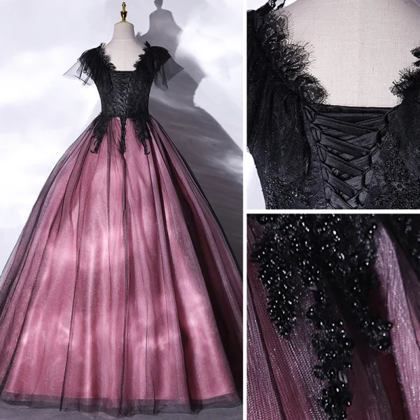 Elegant Purple Lace Flower Prom Dresses 2021 A-Line / Princess V-Neck Beading Short Sleeve Floor-Length / Long Formal Dresses