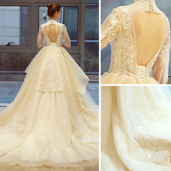 Vintage / Originale Champagne Robe De Mariée 2018 Princesse Dos Nu En Dentelle Fleur Volants en Cascade Col Haut 3/4 Manches Cathedral Train Mariage