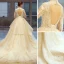 Vintage / Originale Champagne Robe De Mariée 2018 Princesse Dos Nu En Dentelle Fleur Volants en Cascade Col Haut 3/4 Manches Cathedral Train Mariage