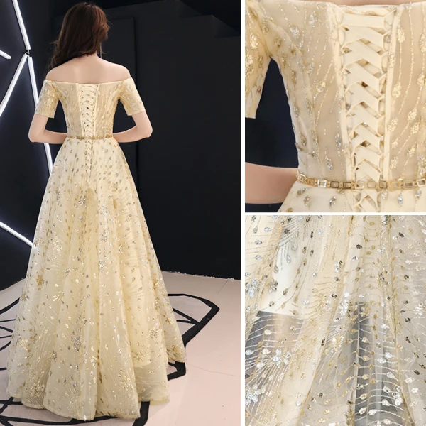 Elegant Gold Evening Dresses 2019 A-Line / Princess Off-The-Shoulder Glitter Sequins Metal Sash Short Sleeve Backless Floor-Length / Long Formal Dresses