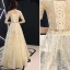 Elegant Gold Evening Dresses  2019 A-Line / Princess Off-The-Shoulder Glitter Sequins Metal Sash Short Sleeve Backless Floor-Length / Long Formal Dresses