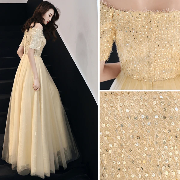Modern / Fashion Gold Evening Dresses 2019 A-Line / Princess Off-The-Shoulder Sequins Tassel Short Sleeve Floor-Length / Long Formal Dresses