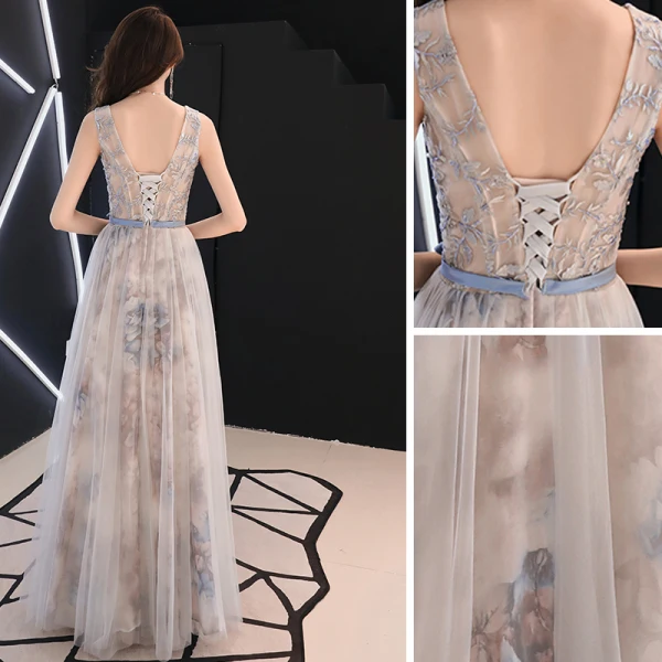 Chic / Beautiful Grey Evening Dresses 2019 A-Line / Princess V-Neck Crystal Lace Flower Bow Sleeveless Backless Floor-Length / Long Formal Dresses