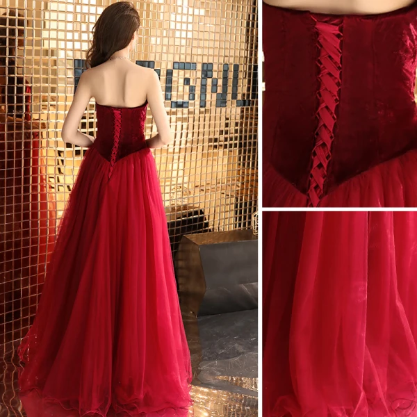Sexy Burgundy Prom Dresses 2019 A-Line / Princess Strapless Suede Sleeveless Backless Floor-Length / Long Formal Dresses