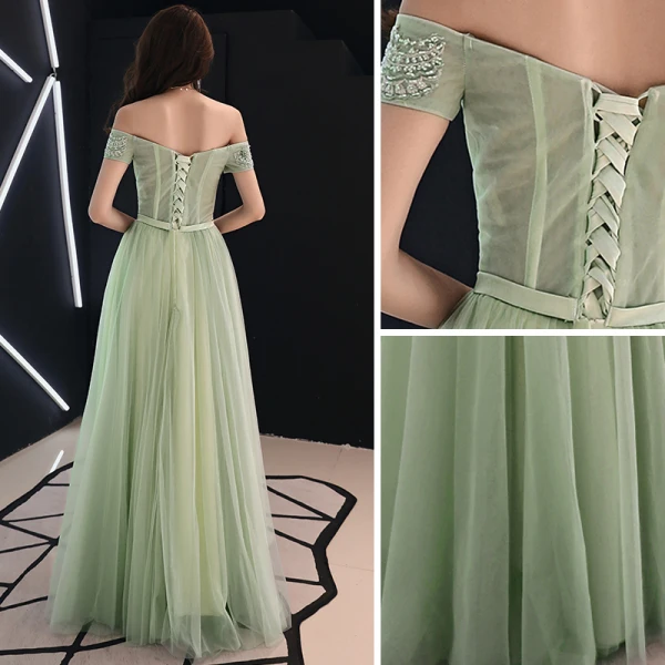 Elegant Sage Green Prom Dresses 2019 A-Line / Princess Off-The-Shoulder Lace Flower Appliques Beading Rhinestone Bow Short Sleeve Floor-Length / Long Formal Dresses