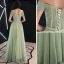 Elegant Sage Green Prom Dresses 2019 A-Line / Princess Off-The-Shoulder Lace Flower Appliques Beading Rhinestone Bow Short Sleeve Floor-Length / Long Formal Dresses