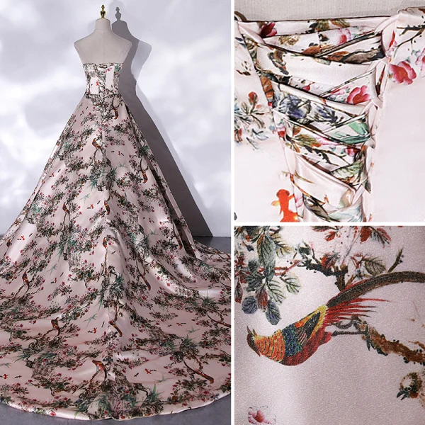Schick Multifarben Drucken Satin Ballkleider 2021 A Linie Bandeau Ärmellos Rückenfreies Kathedrale Schleppe Festliche Kleider